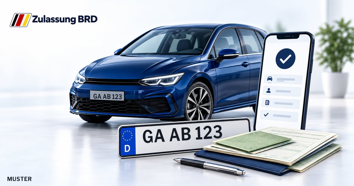 Online Fahrzeugzulassung in Altmarkkreis Salzwedel: Musterkennzeichen GA AB 123, Auto und Fahrzeugpapiere und Smartphone. Illustration mit Logo von Zulassung BRD.